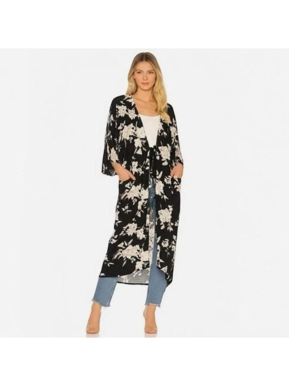 Spiritual Gangster Maya Kimono Robe Cover Up Floral Tie Front Pockets One Size
